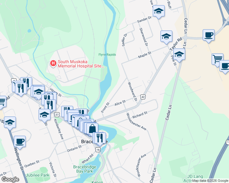 map of restaurants, bars, coffee shops, grocery stores, and more near 112 Front Street in Bracebridge