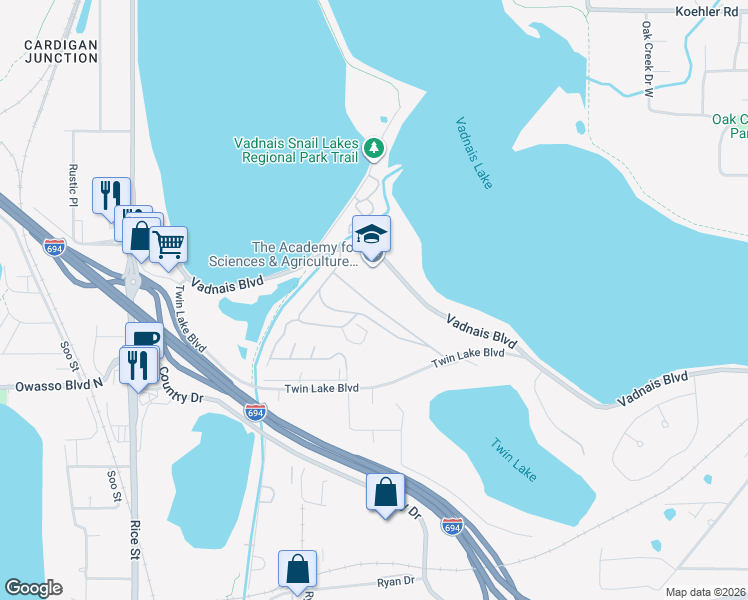 map of restaurants, bars, coffee shops, grocery stores, and more near 100-178 Skyline Dr in Vadnais Heights