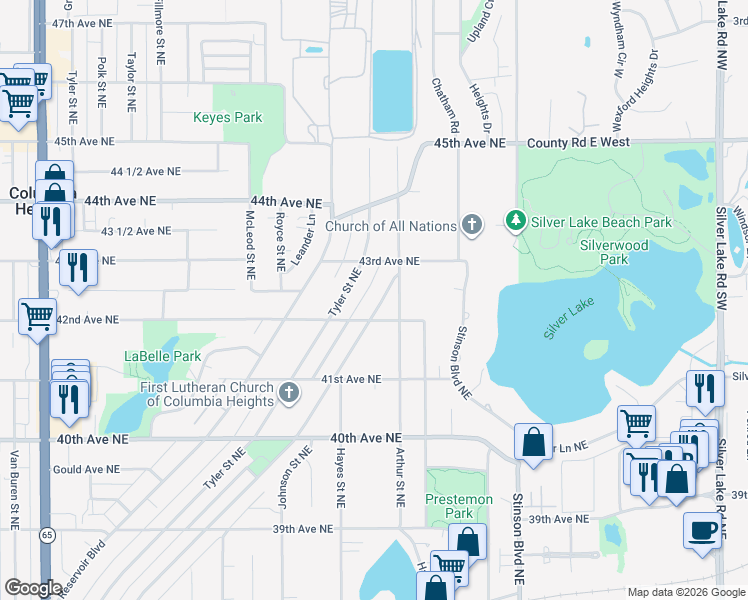 map of restaurants, bars, coffee shops, grocery stores, and more near 4212 Arthur Street Northeast in Minneapolis