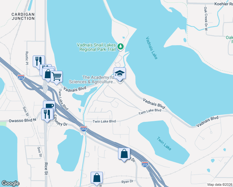 map of restaurants, bars, coffee shops, grocery stores, and more near 100-178 Skyline Dr in Vadnais Heights
