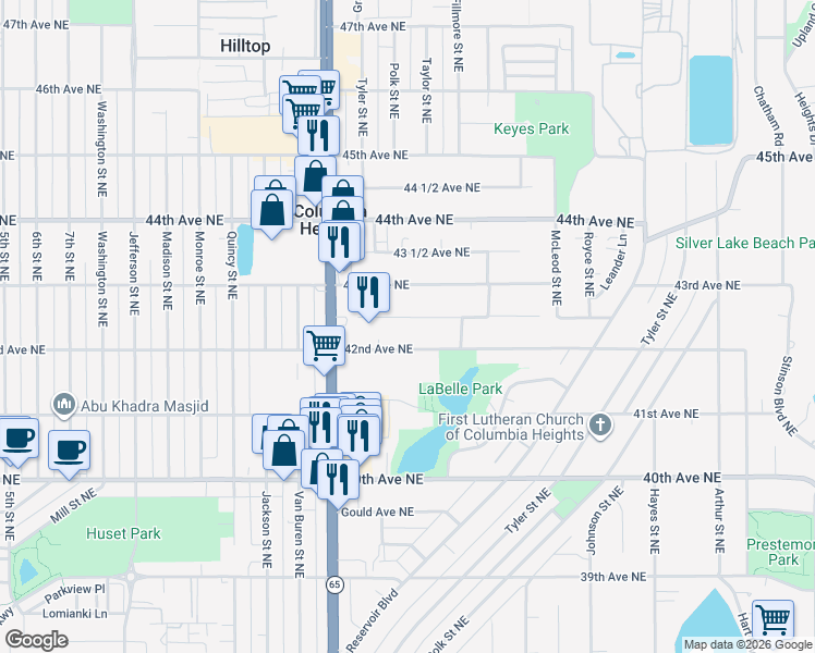 map of restaurants, bars, coffee shops, grocery stores, and more near 1022 42 1/2 Avenue Northeast in Minneapolis