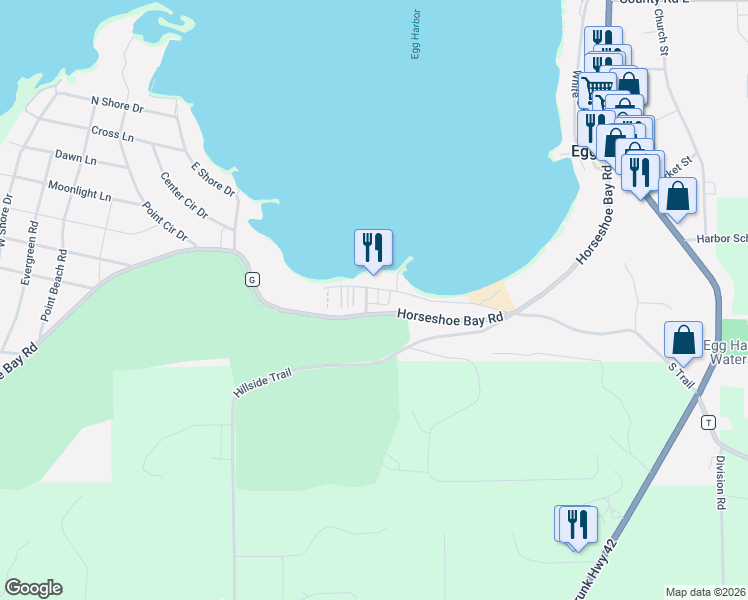 map of restaurants, bars, coffee shops, grocery stores, and more near 7715 Horseshoe Bay Road in Egg Harbor
