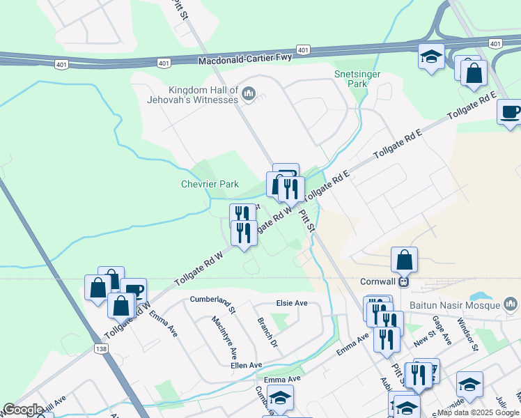 map of restaurants, bars, coffee shops, grocery stores, and more near 104 Fortier Street in Cornwall