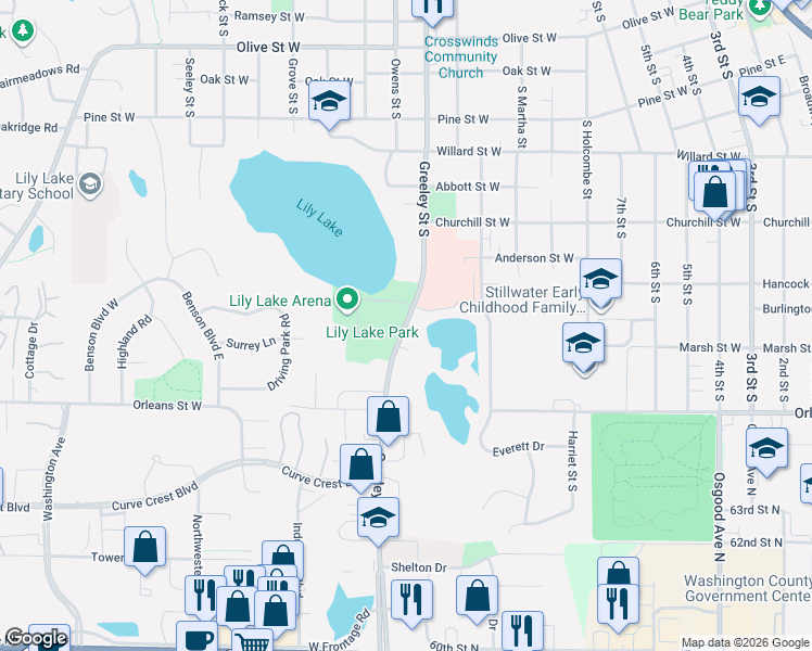 map of restaurants, bars, coffee shops, grocery stores, and more near 1129 Greeley Street South in Stillwater