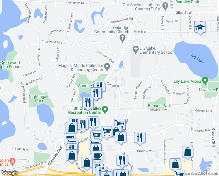 map of restaurants, bars, coffee shops, grocery stores, and more near 2349 Cottage Drive in Stillwater