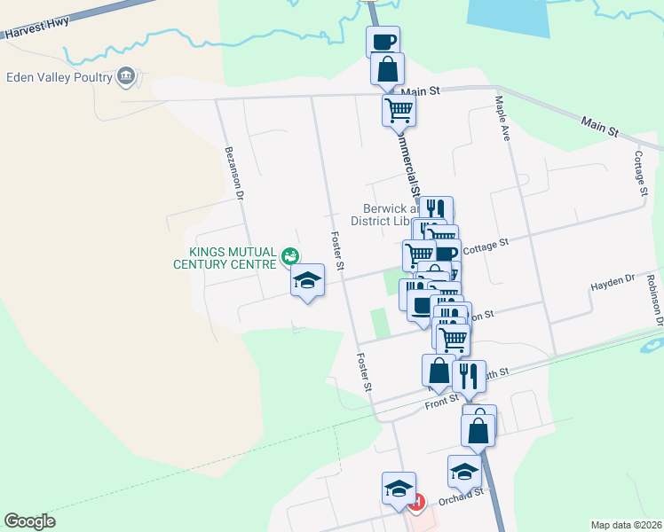 map of restaurants, bars, coffee shops, grocery stores, and more near 145 Foster Street in Berwick