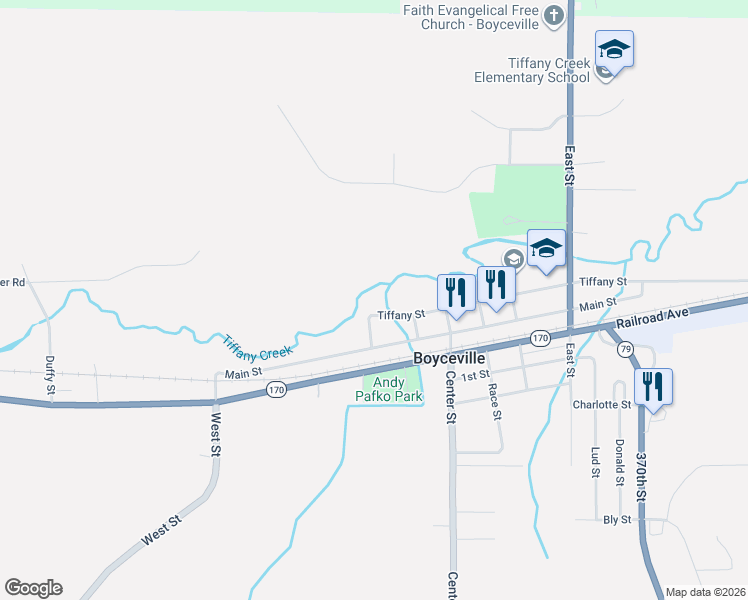 map of restaurants, bars, coffee shops, grocery stores, and more near 605 Tiffany Street in Boyceville