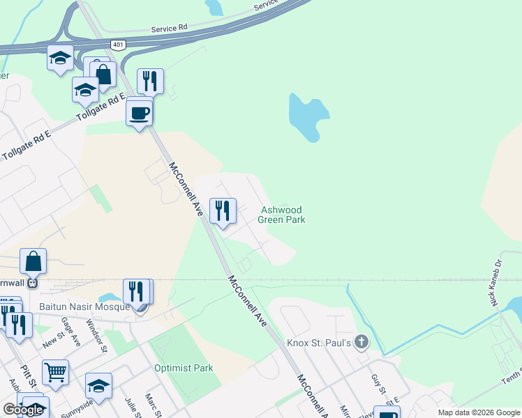 map of restaurants, bars, coffee shops, grocery stores, and more near 728 Saint Antoine Street in Cornwall