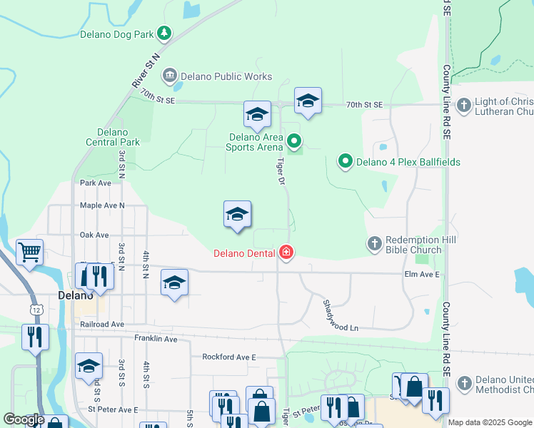 map of restaurants, bars, coffee shops, grocery stores, and more near 700 Elm Avenue East in Delano