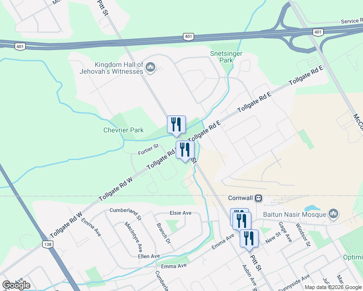 map of restaurants, bars, coffee shops, grocery stores, and more near 14 Tollgate Road West in Cornwall