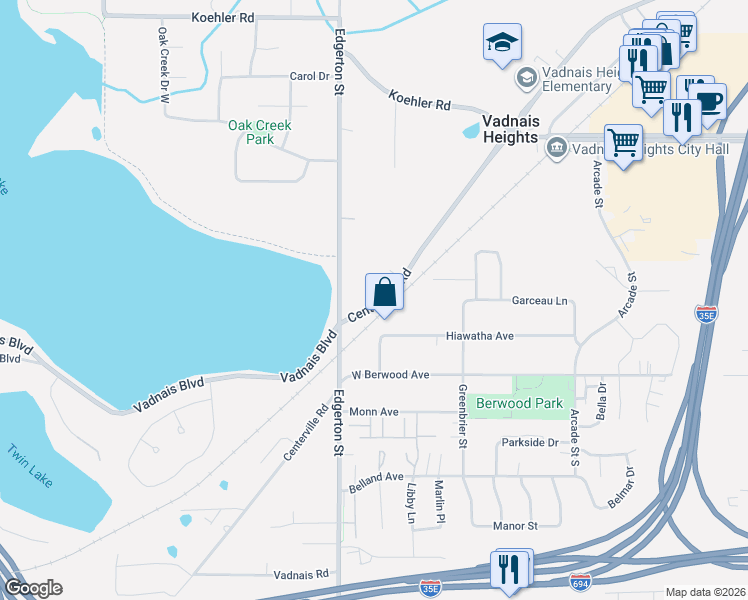 map of restaurants, bars, coffee shops, grocery stores, and more near 3433 County Highway 59 in Vadnais Heights