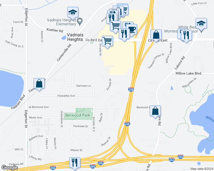 map of restaurants, bars, coffee shops, grocery stores, and more near 3465 Arcade Street in Vadnais Heights