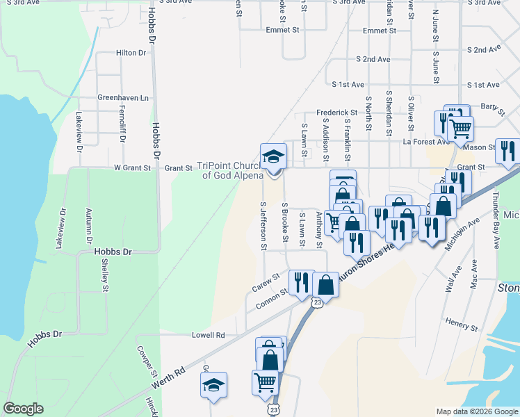 map of restaurants, bars, coffee shops, grocery stores, and more near 612 South Jefferson Street in Alpena