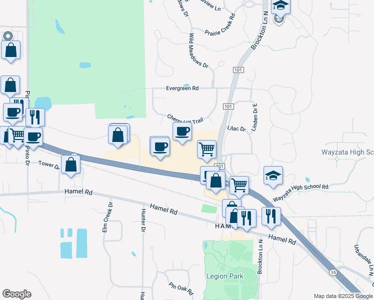 map of restaurants, bars, coffee shops, grocery stores, and more near 300 Clydesdale Trail in Medina