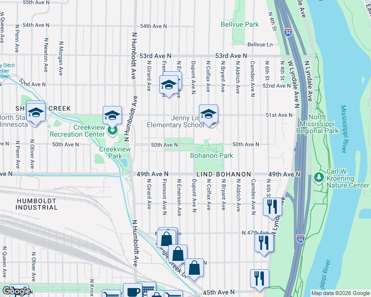 map of restaurants, bars, coffee shops, grocery stores, and more near 4935 North Emerson Avenue in Minneapolis