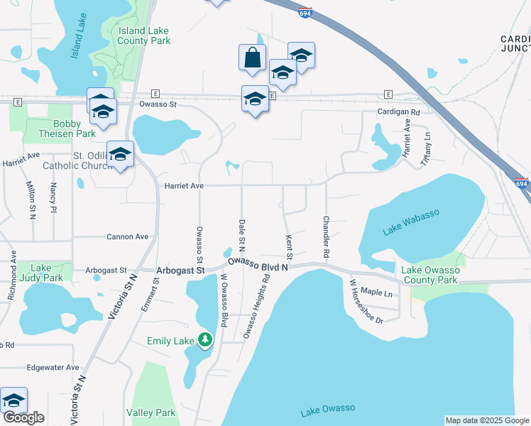 map of restaurants, bars, coffee shops, grocery stores, and more near 3421 Kent Street in Shoreview
