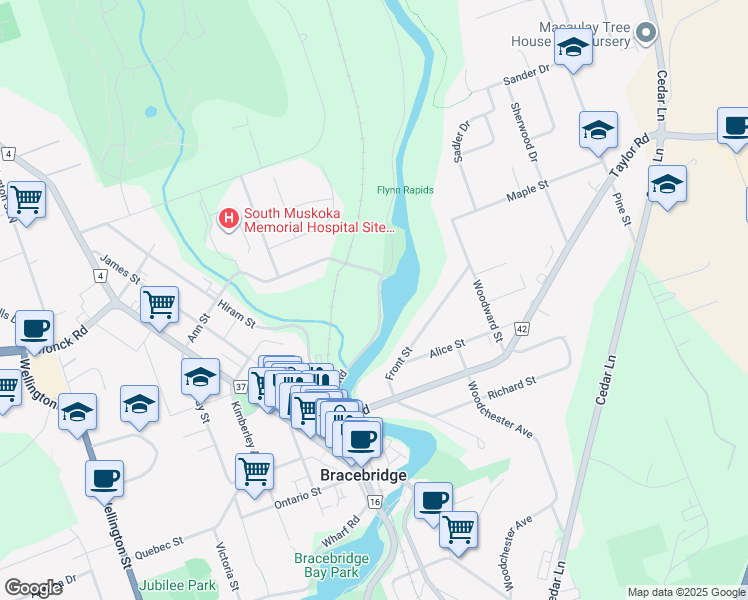 map of restaurants, bars, coffee shops, grocery stores, and more near 124 River Road in Bracebridge