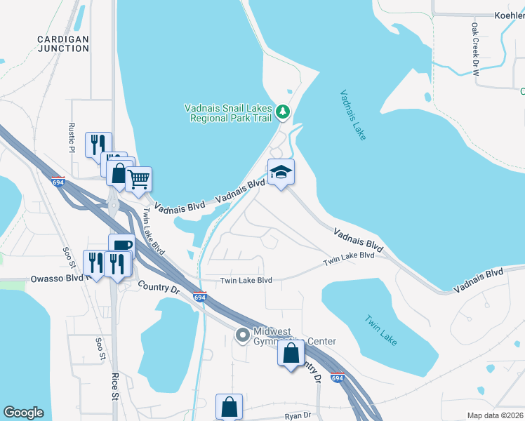 map of restaurants, bars, coffee shops, grocery stores, and more near 112 Skyline Drive in Saint Paul