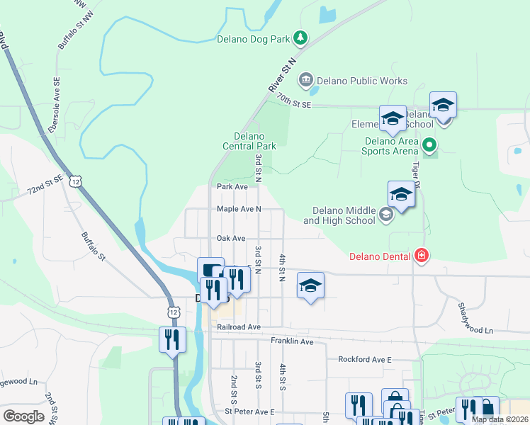 map of restaurants, bars, coffee shops, grocery stores, and more near 416 3rd Street North in Delano