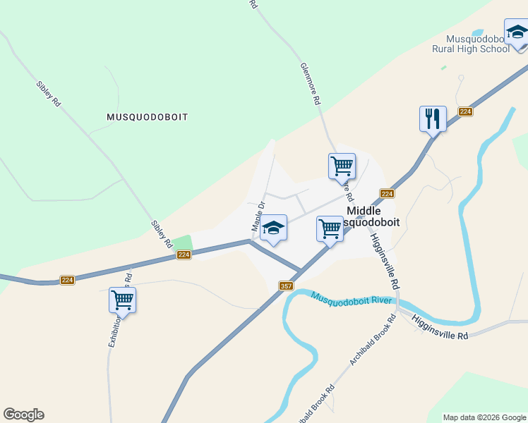 map of restaurants, bars, coffee shops, grocery stores, and more near 28 Maple Drive in Middle Musquodoboit