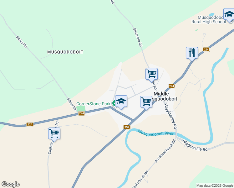 map of restaurants, bars, coffee shops, grocery stores, and more near 28 Maple Drive in Middle Musquodoboit