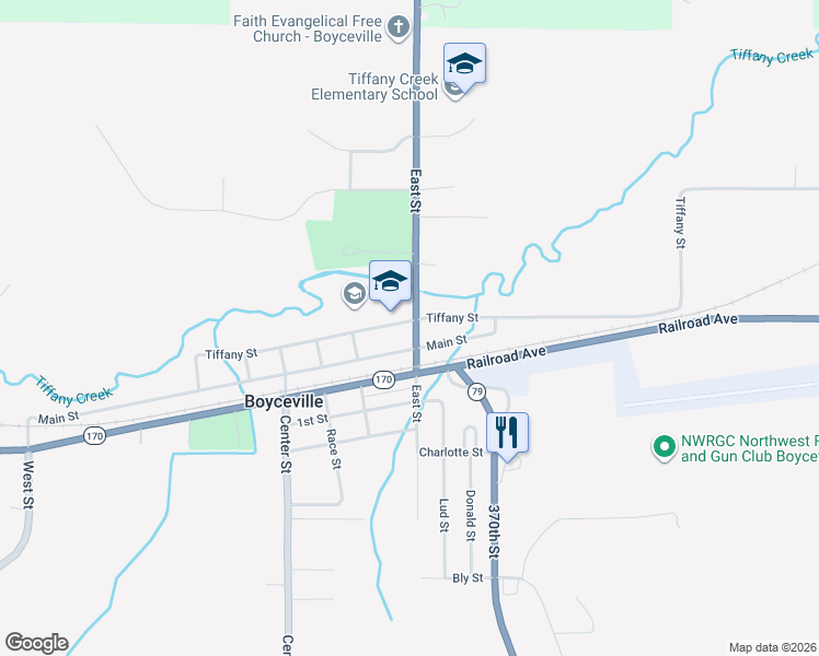 map of restaurants, bars, coffee shops, grocery stores, and more near 1102 Main Street in Boyceville