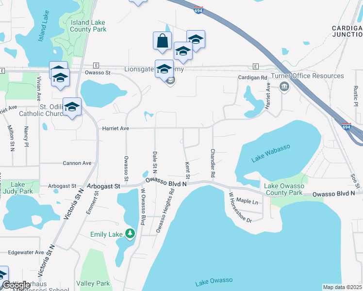 map of restaurants, bars, coffee shops, grocery stores, and more near 3421 Kent Street in Shoreview