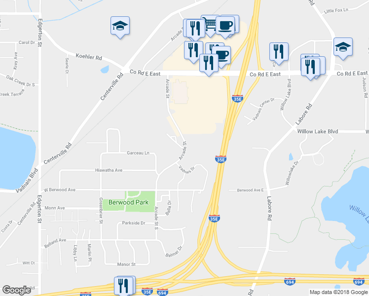 map of restaurants, bars, coffee shops, grocery stores, and more near 3327 Arcade Street South in Vadnais Heights