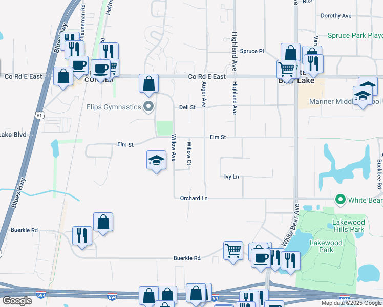 map of restaurants, bars, coffee shops, grocery stores, and more near 3420 Willow Court in White Bear Lake