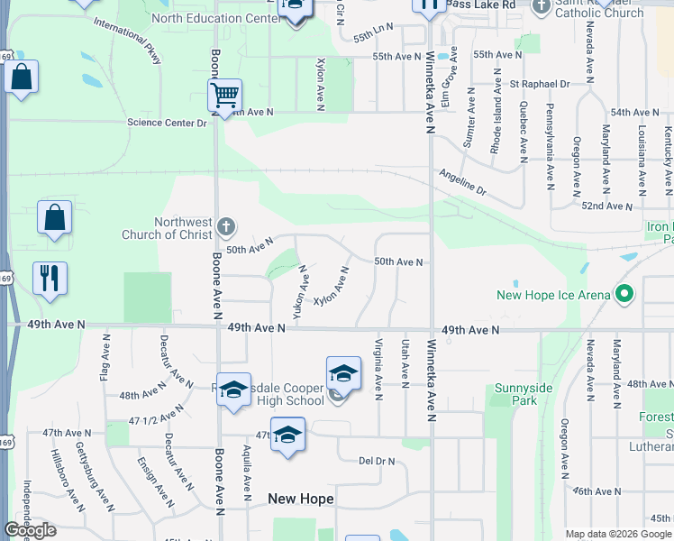 map of restaurants, bars, coffee shops, grocery stores, and more near 4941 Xylon Avenue North in Minneapolis