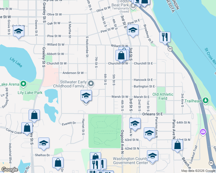 map of restaurants, bars, coffee shops, grocery stores, and more near 1211 6th Street South in Stillwater