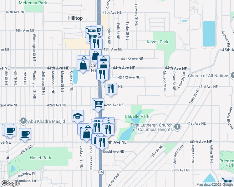 map of restaurants, bars, coffee shops, grocery stores, and more near 1022 42 1/2 Avenue Northeast in Minneapolis