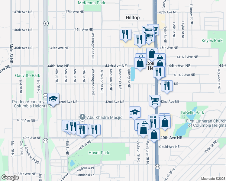 map of restaurants, bars, coffee shops, grocery stores, and more near 4213 Madison Street Northeast in Minneapolis