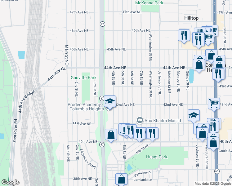 map of restaurants, bars, coffee shops, grocery stores, and more near 4209 4th Street Northeast in Minneapolis