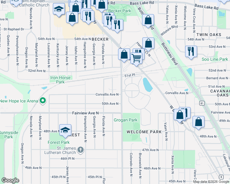 map of restaurants, bars, coffee shops, grocery stores, and more near 6400 50th Avenue North in Minneapolis