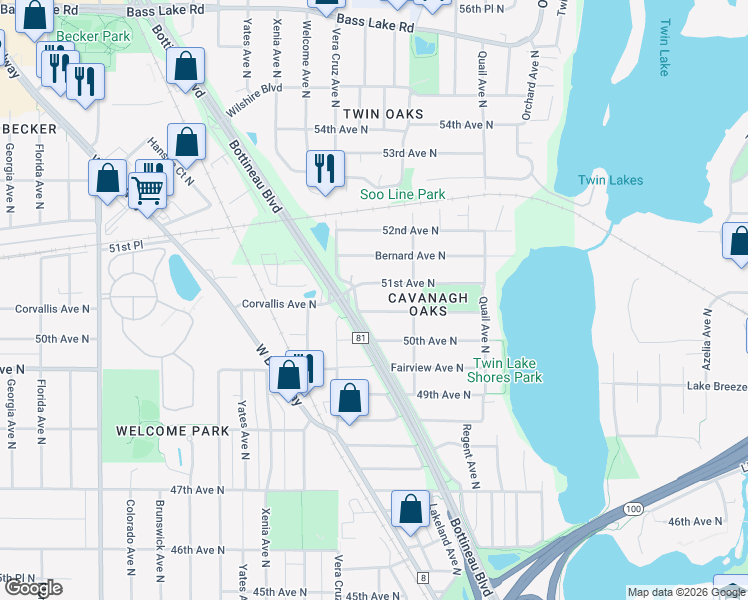 map of restaurants, bars, coffee shops, grocery stores, and more near 5400 Corvallis Avenue North in Minneapolis