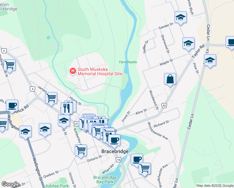 map of restaurants, bars, coffee shops, grocery stores, and more near 189 Ann Street in Bracebridge