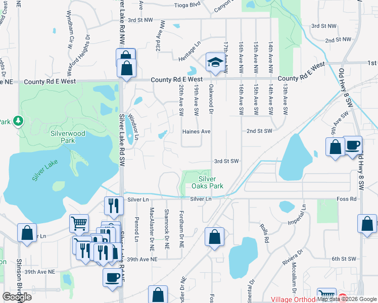 map of restaurants, bars, coffee shops, grocery stores, and more near 249 20th Avenue Southwest in New Brighton
