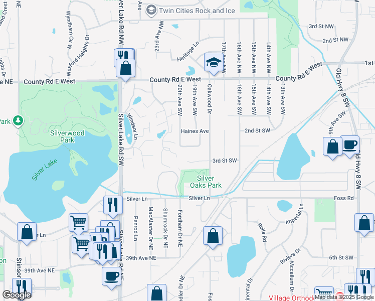 map of restaurants, bars, coffee shops, grocery stores, and more near 249 20th Avenue Southwest in New Brighton