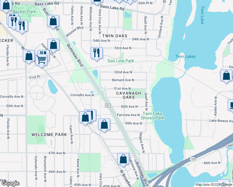 map of restaurants, bars, coffee shops, grocery stores, and more near 5328 51st Avenue North in Minneapolis