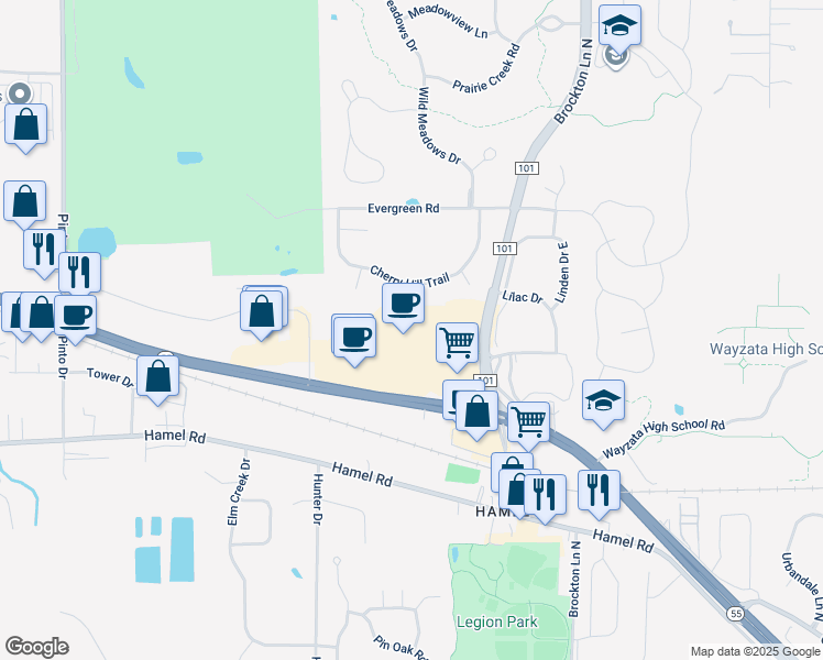 map of restaurants, bars, coffee shops, grocery stores, and more near 300 Clydesdale Trail in Medina