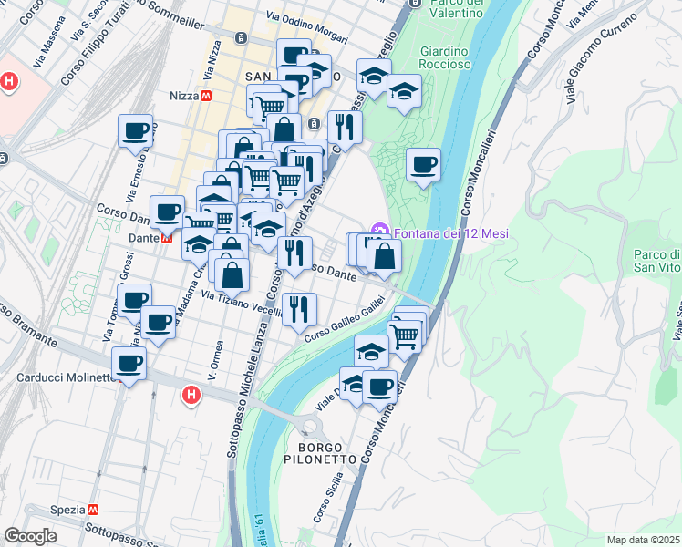 map of restaurants, bars, coffee shops, grocery stores, and more near 117 Corso Dante in Torino