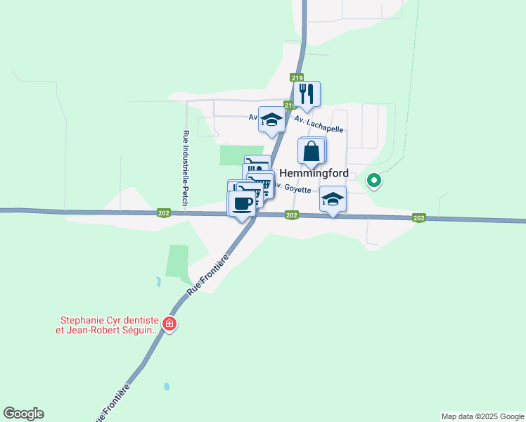 map of restaurants, bars, coffee shops, grocery stores, and more near 503 Avenue Champlain in Hemmingford