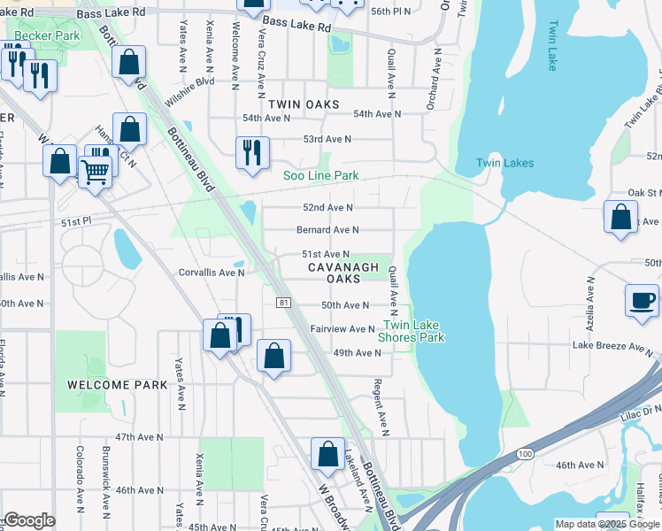 map of restaurants, bars, coffee shops, grocery stores, and more near 5208 51st Avenue North in Minneapolis