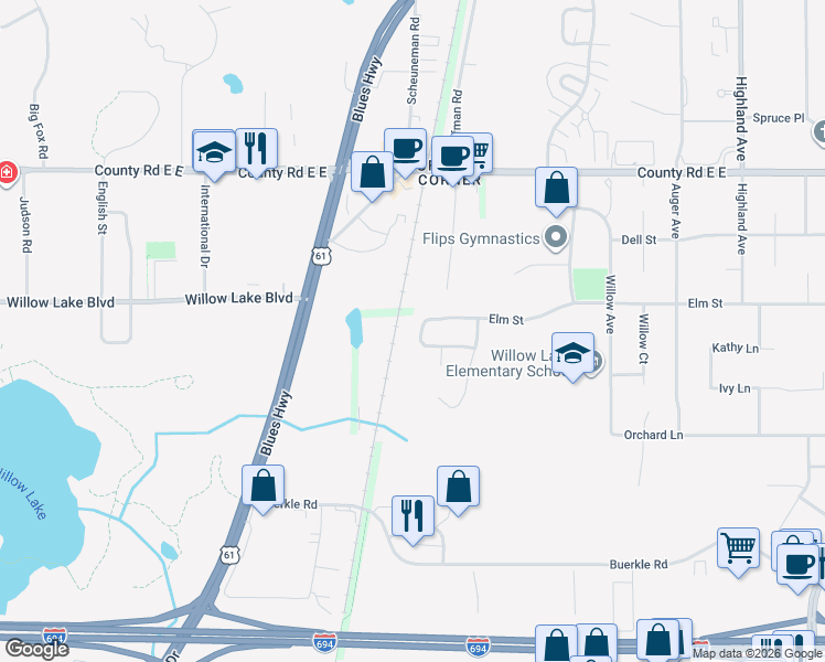 map of restaurants, bars, coffee shops, grocery stores, and more near 1713 Elm Street in White Bear Lake