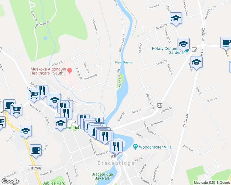 map of restaurants, bars, coffee shops, grocery stores, and more near 134 River Road in Bracebridge