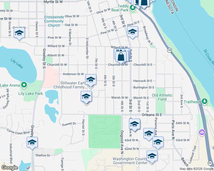 map of restaurants, bars, coffee shops, grocery stores, and more near 1111 6th Street South in Stillwater