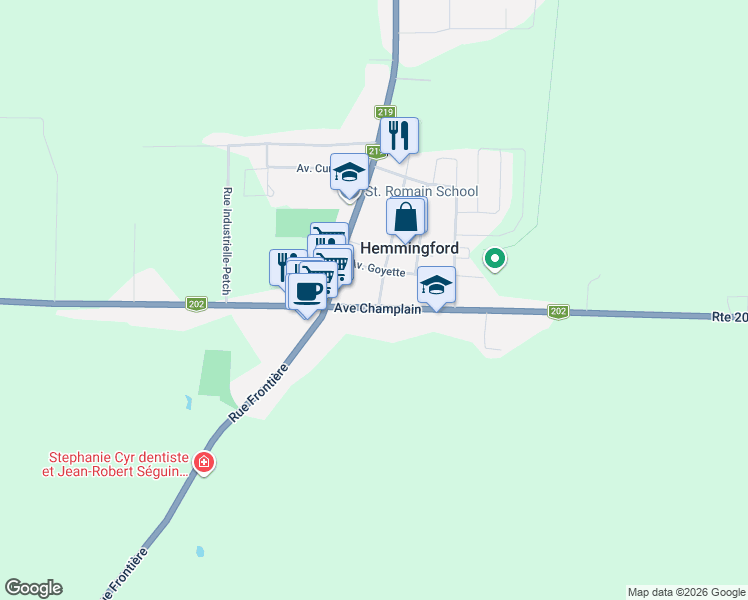 map of restaurants, bars, coffee shops, grocery stores, and more near 525 Avenue Champlain in Hemmingford