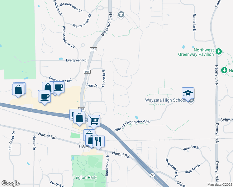 map of restaurants, bars, coffee shops, grocery stores, and more near 18915 51st Avenue North in Plymouth