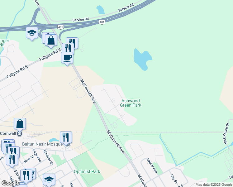 map of restaurants, bars, coffee shops, grocery stores, and more near 1620 Morris Street in Cornwall